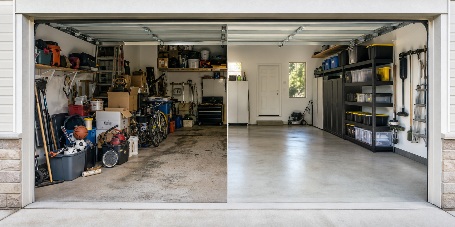 A garage transformed from cluttered storage into a clean usable parking space